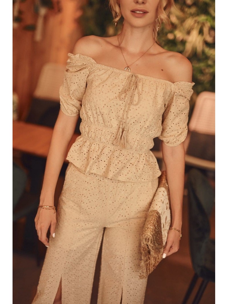 Openwork boho set, beige blouse and trousers FG595 - Online store - Boutique